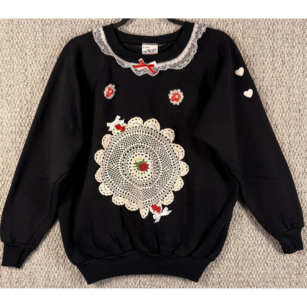 Action Vintage 80s Sweatshirt XL Black Cottagecore Crochet Doily Applique Heart